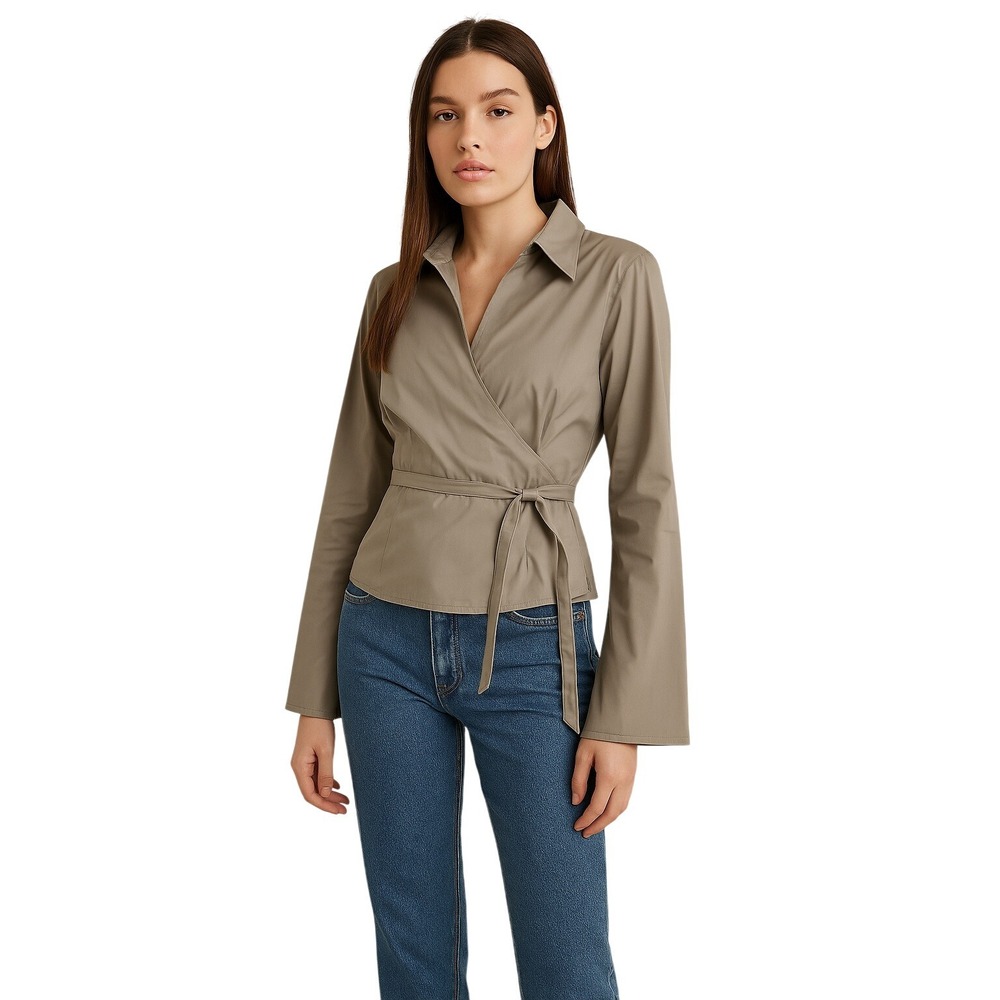 BUFFALO DAVID BITTON Y2K Olive Green Wrap Blouse‎ Tie Waist Flare Sleeve Top L